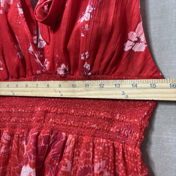 Free People Smocked Floral Halter Tank Top Back Tie Medium Red Boho Indie Resort - Picture 6 of 9
